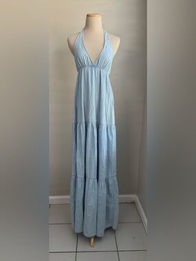 Bershka Light Blue Halter Tiered Maxi Dress Size Small